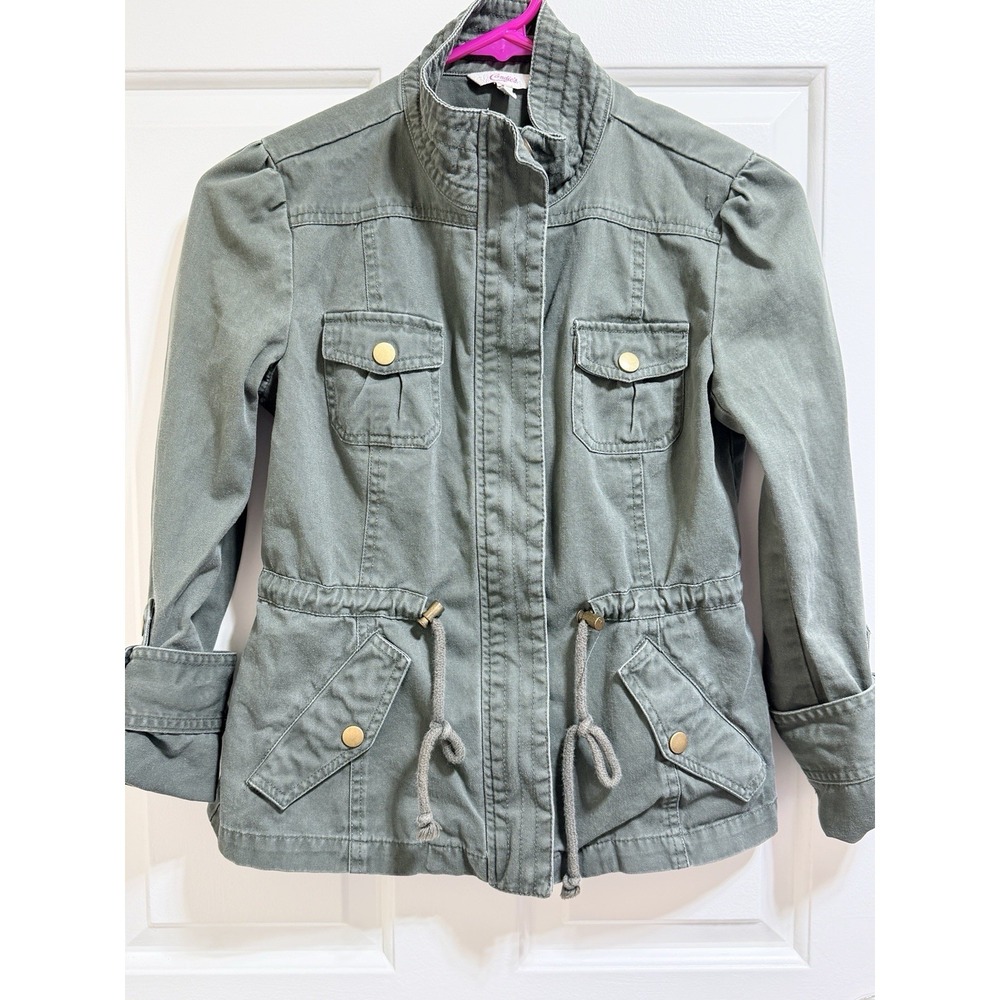 Candies Utility Field Jacket Women's Small Olive Green Zippered Hood 100% Cotton